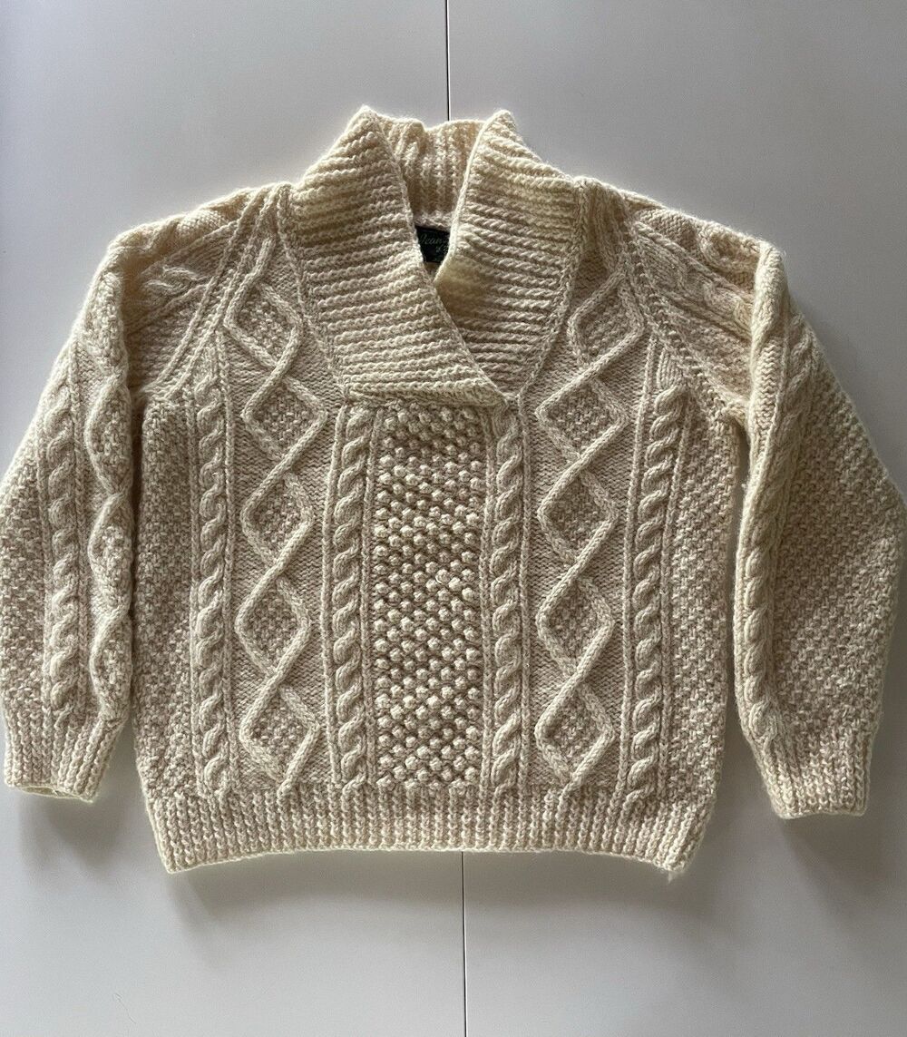 Vintage Large Handmade Wool Cable Knit Fisherman’s Sweater Made In Ireland